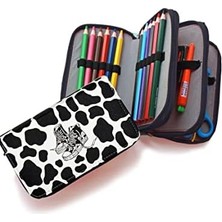 Skygo Kalem Kutusu Inek Desenli Kawai Organizer Kalemkutu Vegan Deri Üç Bölmeli Kalemlik - Siyah