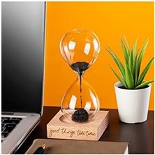 Skygo Güzel Şeyler Zaman Alır Mottolu Ahşap Kaideli Manyetik Kum Saati Standlı Mıknatıslı Kum Saati