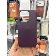 Elixem İphone 14 Pro Uyumlu Derin Mor İçi Kadife Logolu Deri Gizli Magsafe Sert Kılıf