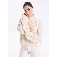 People By Fabrika Ekru Kadın Bisiklet Yaka Relaxed Balıksırtı Kazak PBF5WL-KZK9532