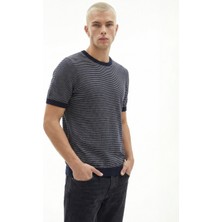 Jeep Bisiklet Yaka Relaxed Çizgili Lacivert - Beyaz Erkek Kazak J6SM-KZK7825