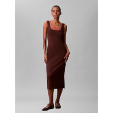 Calvin Klein Jeans Kare Yaka Düz Koyu Kahve Uzun Kadın Elbise Sl Interlock Mıdı Dress