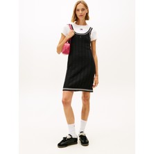 Tommy Jeans Yuvarlak Yaka Desenli Siyah Kısa Kadın Elbise Tjw Flag Cable Sweater Dress
