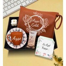 As Gift Kişiye Özel Kahverengi Makyaj Çantası & Kiremit Fincan & Bubble Mum & Türk Kahvesi Hediye Seti