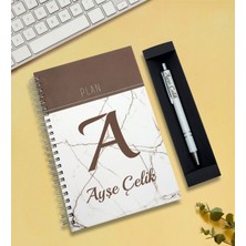 As Gift Kişiye Özel Telli Defter & Kalem Hediye Seti (Beyaz - Kahverengi)