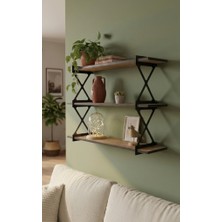 Endüstriyel Metal Ayaklı Ceviz Duvar Rafı | Modern Dekoratif 3 Katlı Duvar Rafı 90CM