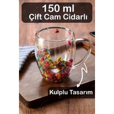 Fesya Home Çift Camlı Cidarlı Kulplu Bardak 150ML Çiçek Dekorlu Isıya Dayanıklı Bardak