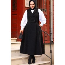 Tesettür Diyarı Kadın Dört Düğmeli Yelekli Tüvit Takım-Siyah