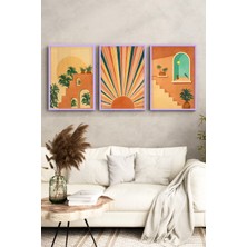 KutuTR Lila Renk Ahşap Çerçeveli 2duv Baskı 3’lü Mdf Tablo–gün Batımı ve Palmiyeli Mimari-Lila CRV1150