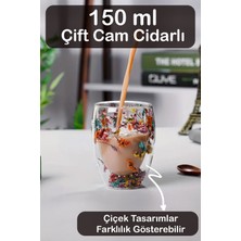 Fesya Home Çift Camlı Cidarlı Bardak 150ML Çiçek Dekorlu Isıya Dayanıklı Bardak