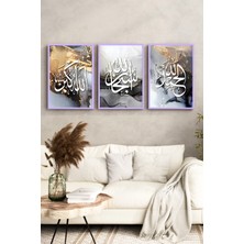 KutuTR Lila Renk Ahşap Çerçeveli 2duv Baskı 3’lü Mdf Tablo–altın Detaylı Esmaül Hüsna Temalı-Lila CRV1225