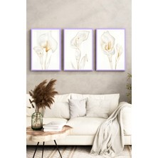 KutuTR Lila Renk Ahşap Çerçeveli 2duv Baskı 3’lü Mdf Tablo–beyaz Gold Lale Çiçek Temalı-Lila CRV1139