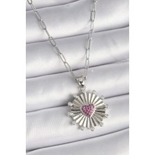 Hkursat 316L Çelik Gümüş Renk Pembe Zirkon Taşlı Kalp Işleme Madalyon Model Kadın Kolye