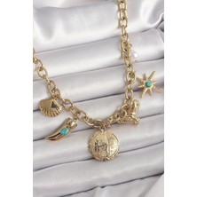 Hkursat 316L Çelik Gold Renk Zincir Sallantılı Çoklu Figür Model Kadın Kolye