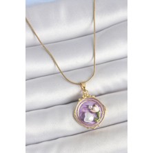 Hkursat 316L Çelik Gold Renk Zincir Mor Mineli Incili Çiçek Işlemeli Portre Model Kadın Kolye