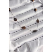 Hkursat 316L Çelik Gümüş Renk Zincir Kahverengi Doğaltaş Model Kadın Kolye