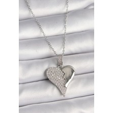 Hkursat 316L Çelik Gümüş Renk Zincir Zirkon Taşlı Kırık Kalp Model Kadın Kolye