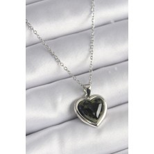 Hkursat 316L Çelik Gümüş Renk Yeşil Mineli Kalp Model Kadın Kolye