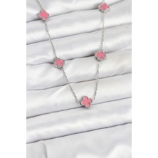 Hkursat 316L Çelik Zincir Gümüş Renk Pembe Baby Boy Yonca Kadın Kolye