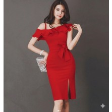 Nake Butik Kadın Fırfır Detaylı Vücuda Oturan Midi Boy Elbise