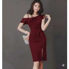 Nake Butik Kadın Fırfır Detaylı Vücuda Oturan Midi Boy Elbise