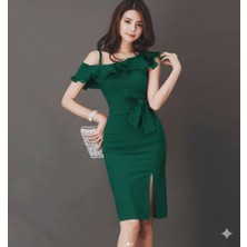 Nake Butik Kadın Fırfır Detaylı Vücuda Oturan Midi Boy Elbise