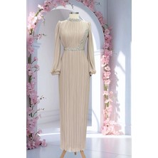 Amine Hüma Sima Abiye Elbise Bej