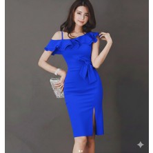 Nake Butik Kadın Fırfır Detaylı Vücuda Oturan Midi Boy Elbise