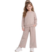 İrem Çocuk Giyim Kız Çocuk Üzeri Full Taş Detaylı Bol Paça Pantolon Modelli Pudra Renk Ikili Takım