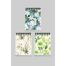 Qoeuyl Boutique Beyaz Çiçek ve Yaprak Desenli Botanik Tasarım 3'lü A6 Not Defteri Seti