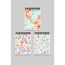 Qoeuyl Boutique Su Yeşili ve Somon Çiçekli Pastel Bahar Dalları Tasarım 3'lü A6 Not Defteri Seti