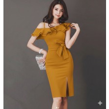 Nake Butik Kadın Fırfır Detaylı Vücuda Oturan Midi Boy Elbise