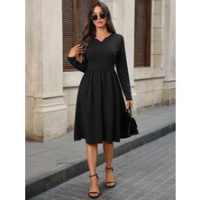 Stelol Kadın Uzun Kollu V Yakalı Cepli Midi Ithal Krep Elbise