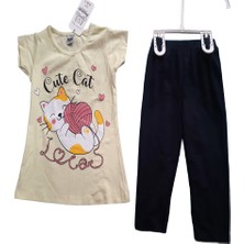 Büyümüş Kız Çocuk Kedi Baskılı Su Yeşili-Lacivert Taytlı Takım