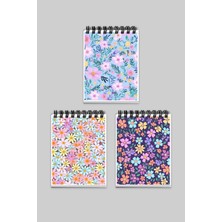 Qoeuyl Boutique Papatya ve Mor Çiçek Desenli 3'lü A6 Not Defteri