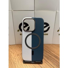 Elixem İphone 16 Pro Uyumlu Mavi Beyaz World Sert ve İçi Kadife Suni Deri Magsafe Kılıf