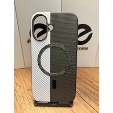 Elixem İphone 16 Uyumlu Siyah Beyaz World Sert ve İçi Kadife Suni Deri Magsafe Kılıf