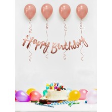 Deniz Party Store 4 Adet Metalik Rose Gold Balon Happy Bırthday Kaligrafi Yazı Set
