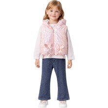 İrem Çocuk Giyim Kız Çocuk Kelebek Aksesuarlı Parlak Mikro Yelekli Sweatshirt Pantolon Üçlü Takım