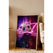 E2 Nova Jigglypuff Neon Pembe Çerçeveli Tablo - Lüks Realistik Pokemon Anime Modern Sinematik Duvar Dekoru