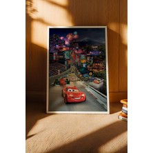 E2 Nova Şimşek Mcqueen Tokyo Gece Yarışı Çerçeveli Tablo - Lüks Çocuk Odası Neon Şehir Duvar Dekoru Tablo