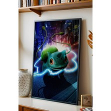 E2 Nova Bulbasaur Neon Şehir Temalı Çerçeveli Tablo - Lüks Realistik Pokemon Anime Modern Duvar Dekoru