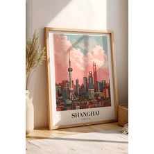 E2 Nova Shanghai China Vintage Seyahat Posteri Çerçeveli Tablo - Premium Pudong Silüeti Elit Duvar Dekoru