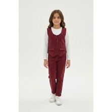 New Kids Kız Çocuk Çizgi Desenli Pantolon Düğmeli Yelek Klasik Uzun Kollu Bluz 3'lü Takım Rahat Kesim