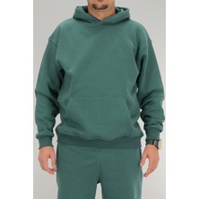 Souris Erkek Petrol Yeşili Oversize Kapüşonlu Sweatshirt 3 Iplik Şardonlu Kanguru Cepli