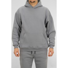 Souris Erkek Gri Oversize Kapüşonlu Sweatshirt 3 Iplik Şardonlu Kanguru Cepli