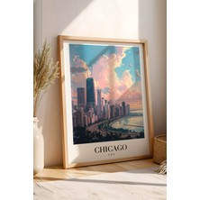 E2 Nova Chicago Usa Vintage Seyahat Posteri Çerçeveli Tablo - Premium City Skyline Elit Duvar Dekoru