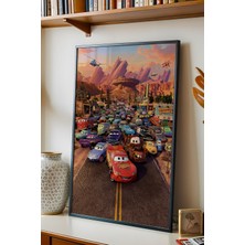 E2 Nova Şimşek Mcqueen Radyatör Kasabası Çerçeveli Tablo - Lüks Çocuk Odası Arabalar Tam Kadro Duvar Dekoru