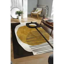 Qatalina Modern Soyut Desenli Halı | Hardal Siyah | Salon Oturma Odası Dekoratif Kaymaz Halı - Kare