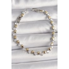 Hkursat Pirinç Gümüş Renk Zirkon Taşlı Gold Kalpli Vıp Seri Kadın Bileklik